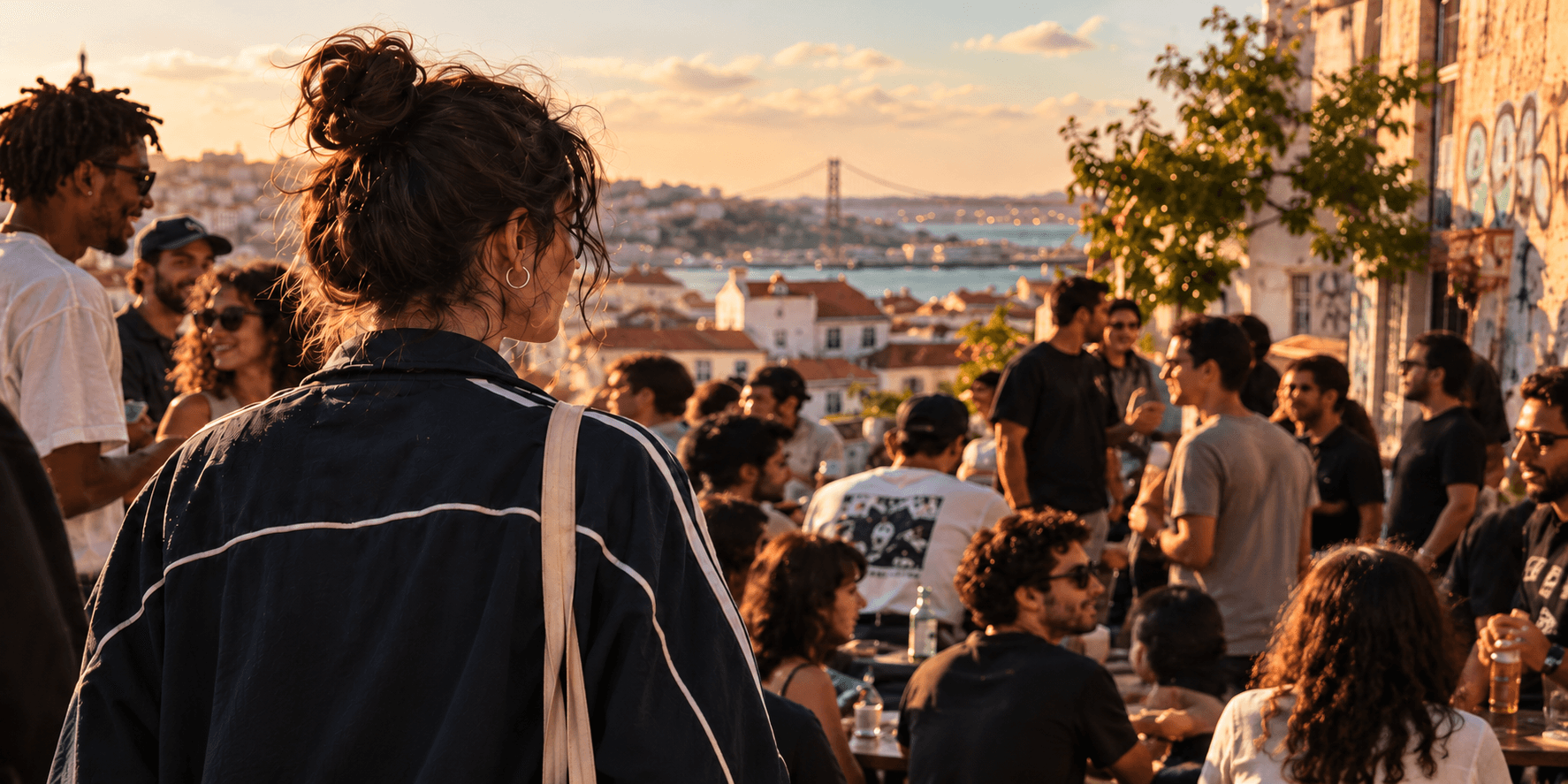 Encontro criativo num miradouro de Lisboa ao fim da tarde