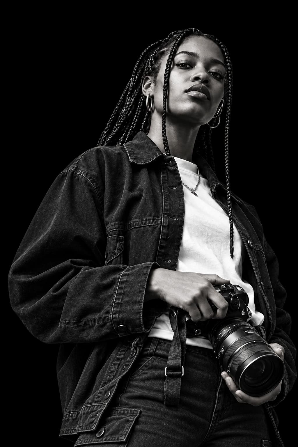 Retrato editorial de uma jovem criadora com uma câmara fotográfica