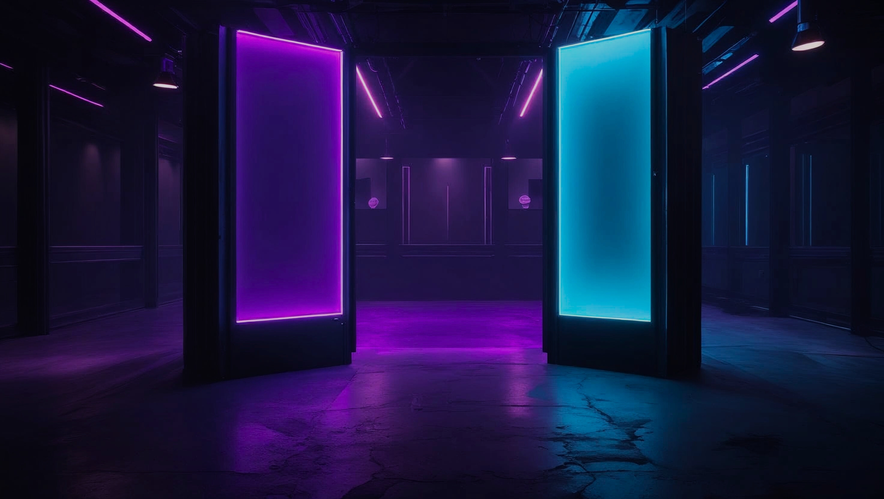 Duas portas iluminadas, uma roxa e uma azul, em ambiente escuro e futurista