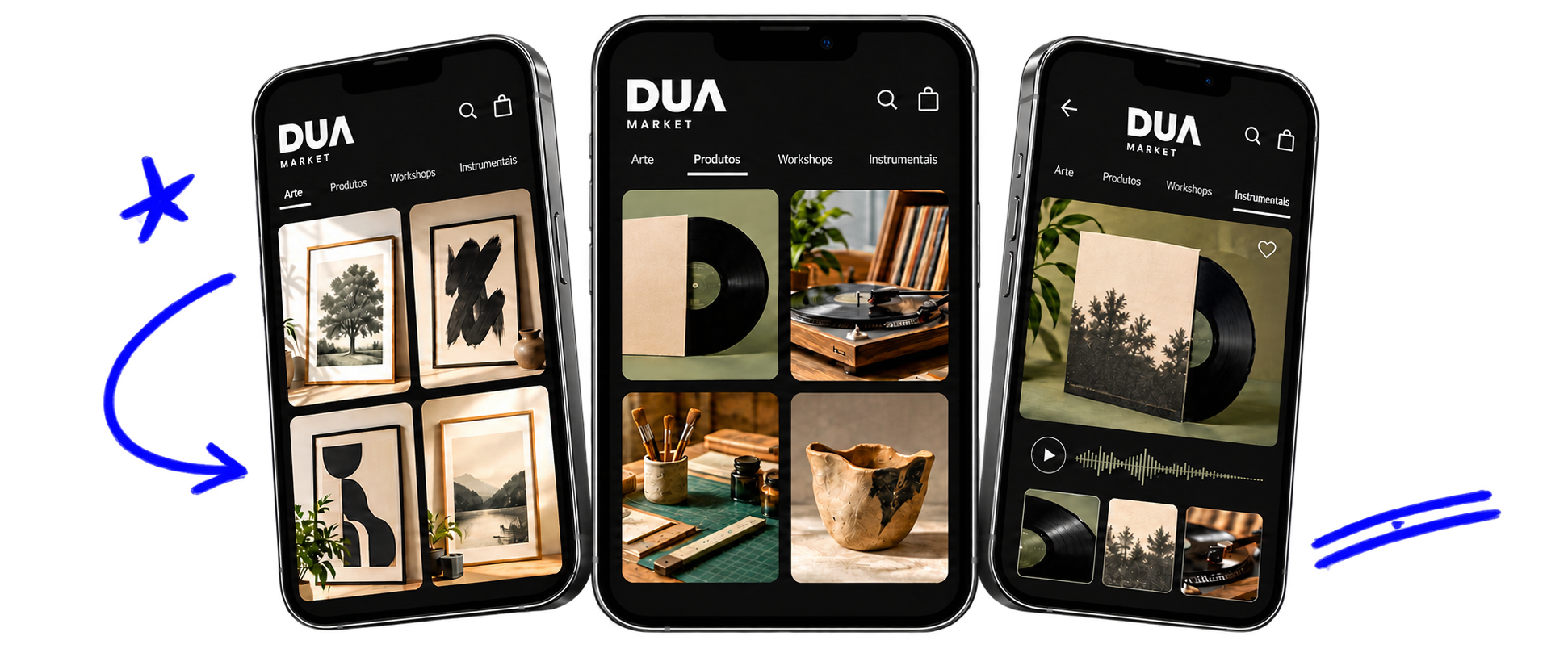 DUA Market com catálogo de arte, produtos, workshops e instrumentais, acompanhado por rabiscos azuis